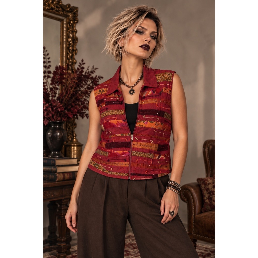 Coldwater Creek Embellished Patchwork Vest Size 1X Zip Front Artsy Boho NWOT